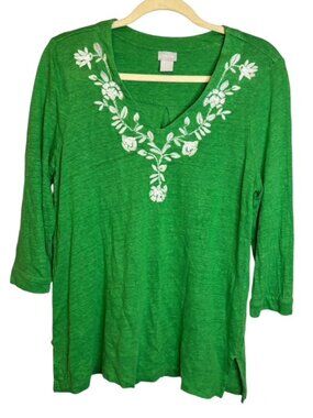 Chico's Blouse Women's Medium Linen Embroidered Floral Green Chicos 1